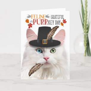 White Angora Cat Feline Grateful for PURRkey Day Holiday Card