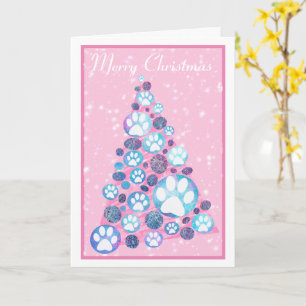 White Animal Paw Pink and Blue Christmas Tree Card