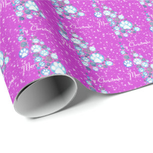 White Animal Paw Pink and Blue Christmas Tree Pink Wrapping Paper