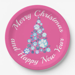 White Animal Paw Pink & Blue Christmas Tree Pink Paper Plate