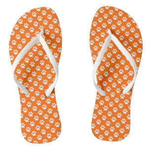 White Animal Paw Prints on Orange Thongs