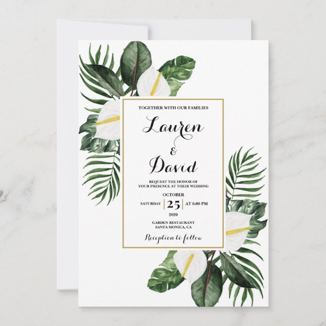 White Anthurium and greenery wedding Invitation (Front)