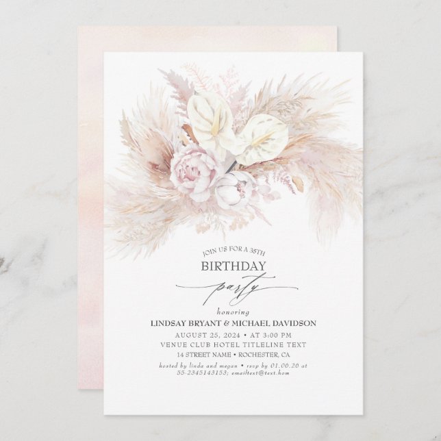 White Anthurium and Pampas Grass Birthday Party Invitation (Front/Back)
