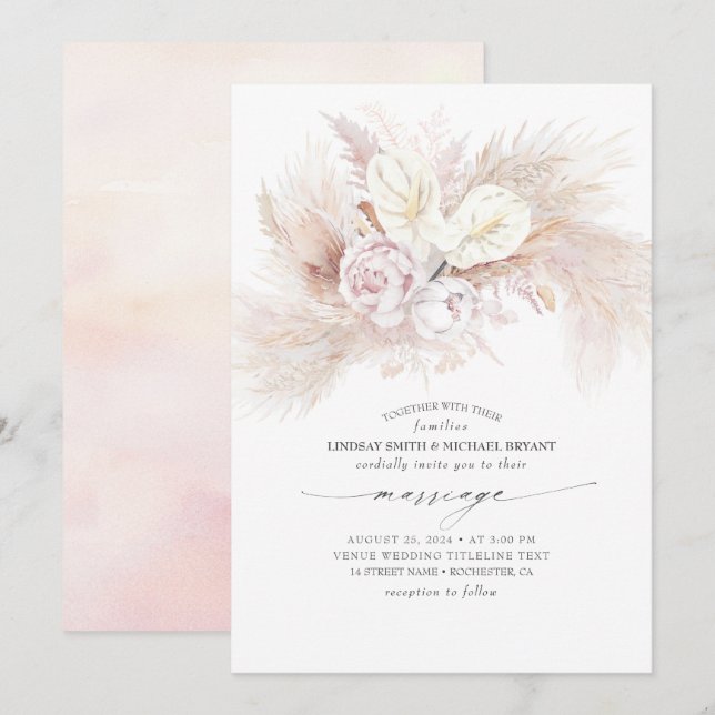 White Anthurium and Pampas Grass Elegant Marriage Invitation (Front/Back)