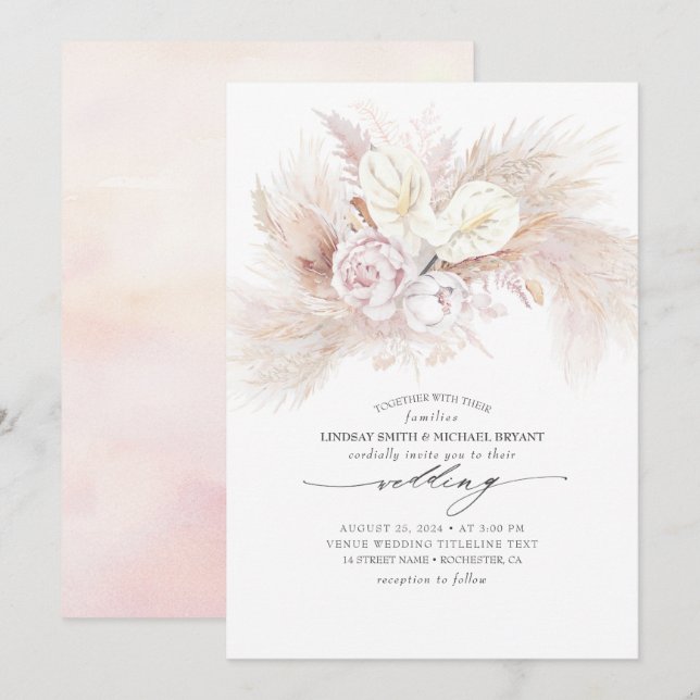 White Anthurium and Pampas Grass Elegant Wedding Invitation (Front/Back)