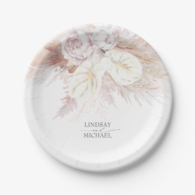 White Anthurium and Pampas Grass Elegant Wedding Paper Plate (Front)