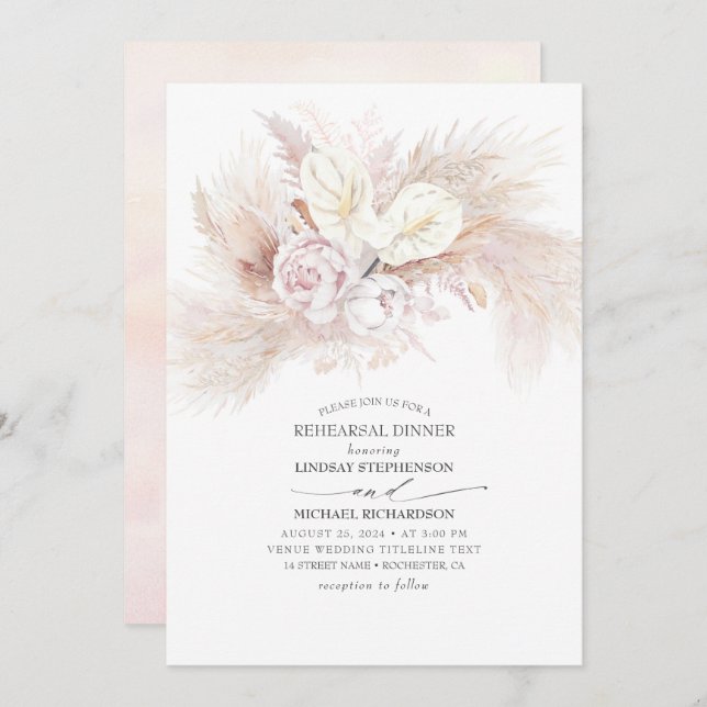 White Anthurium and Pampas Grass Rehearsal Dinner Invitation (Front/Back)