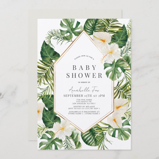 White Anthurium & Hibiscus Floral Baby Shower Invitation (Front/Back)