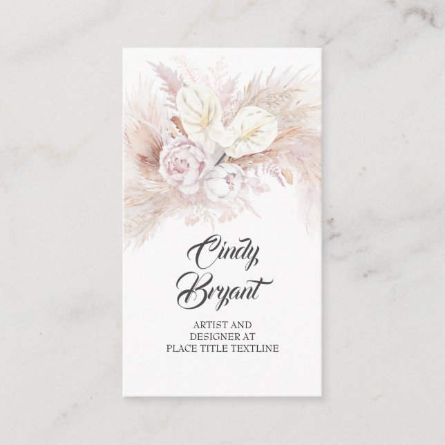 White Anthuriums Pampas Grass and Dusty Pink Roses Business Card (Front)