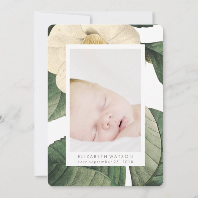 White Antique Flower Photo Card Birth Announcement (Front)