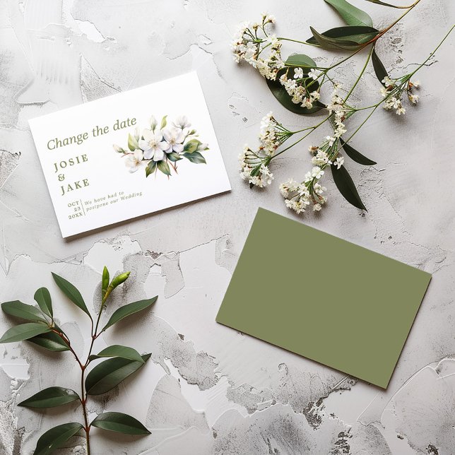 White apple blossom change the date save the date (Elegant white card with delicate apple blossom and olive green text on a minimalist background.)