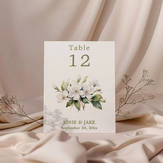 White apple blossom flower Table Number sign (Gentle Apple Blossom green and white Table Number Cards. )