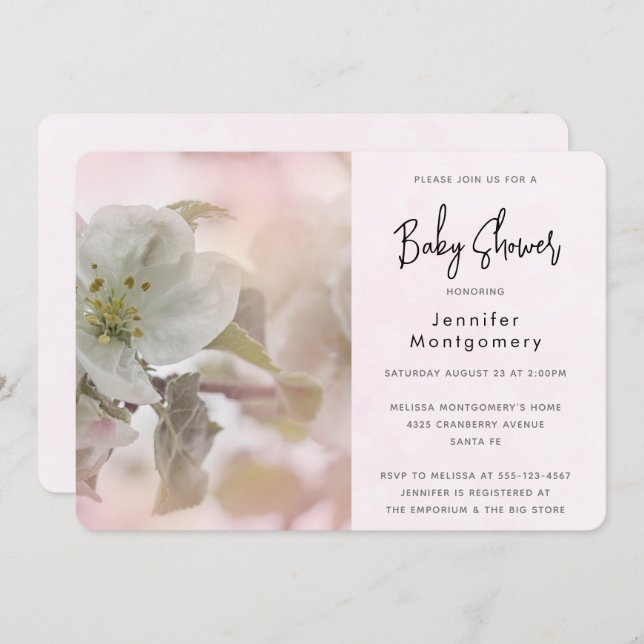White Apple Blossom Photograph Baby Shower Invitation (Front/Back)