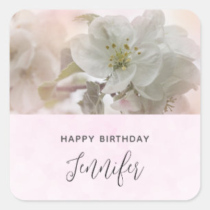 White Apple Blossom Photograph Birthday Square Sticker