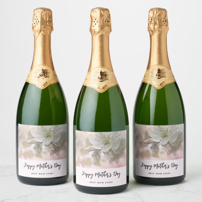 White Apple Blossom Photograph Mother's Day Sparkling Wine Label (Bottles)