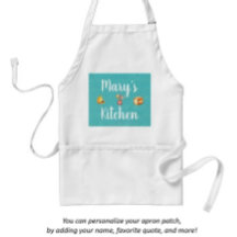 White Apron with Blue Collage Design Patch