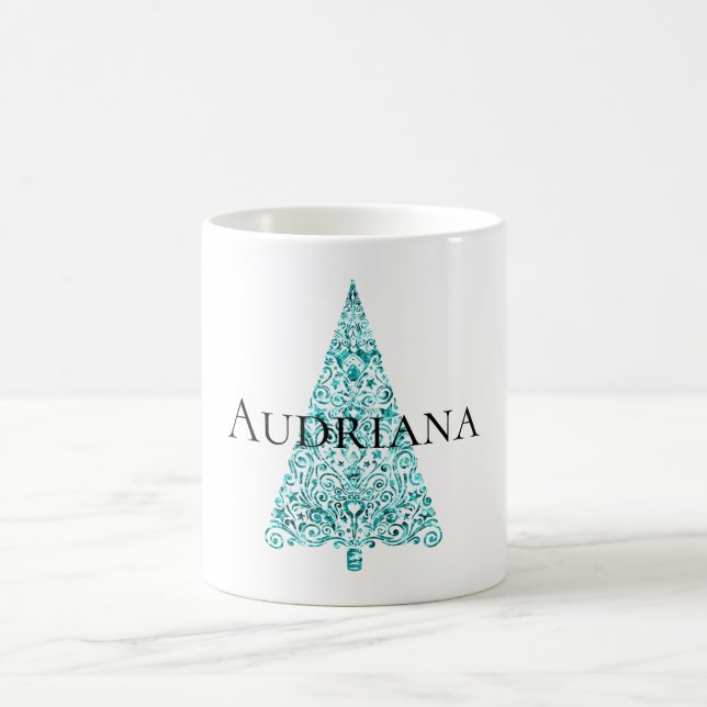 White Aqua Blue Christmas Tree Coffee Mug (Center)