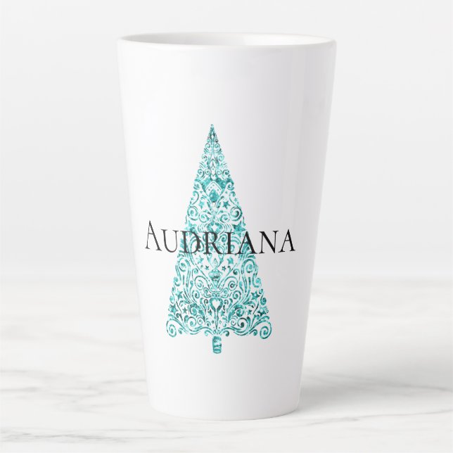 White Aqua Blue Christmas Tree Latte Mug (Front)