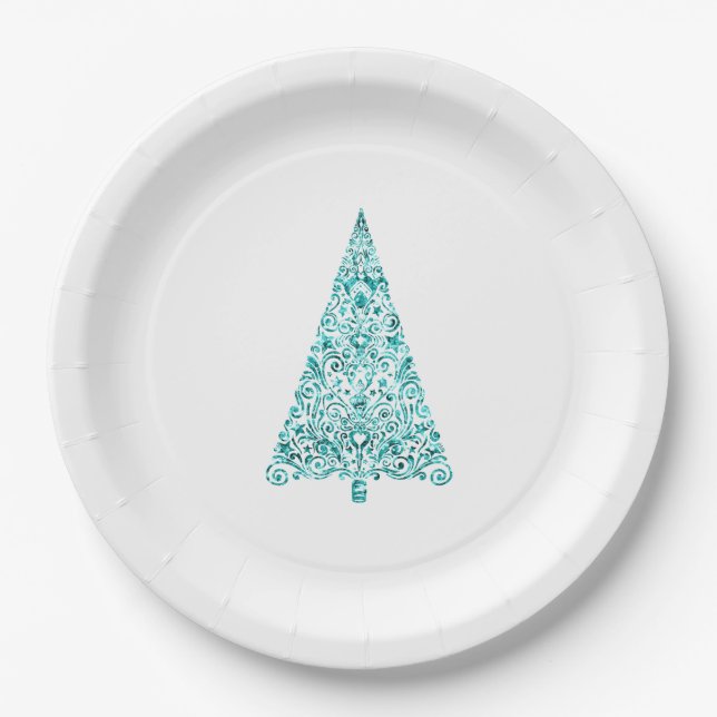 White Aqua Blue Christmas Tree Paper Plate (Front)