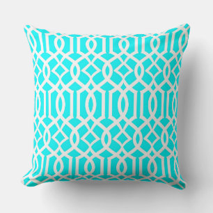 White Aqua Blue Moroccan Trellis Decor Pillow