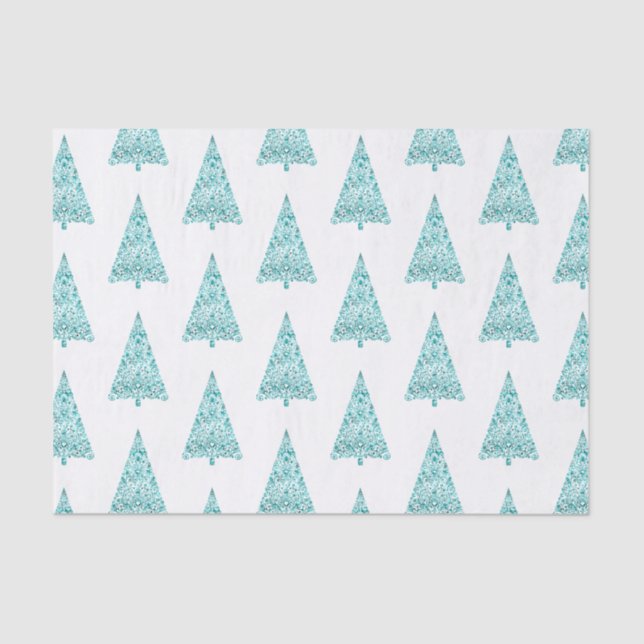 White Aqua Blue Sparkle Christmas Tree Tissue Paper (Front)