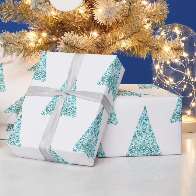 White Aqua Blue Sparkle Christmas Tree Wrapping Paper (Holidays)