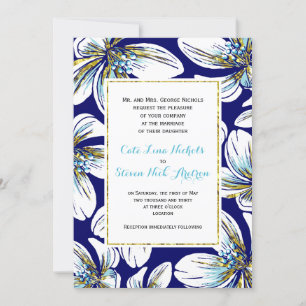 White, aqua, gold foil floral navy blue wedding invitation