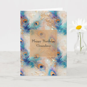 White Aqua Gold Peacock Feathers Card