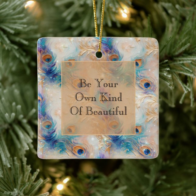 White Aqua Gold Peacock Feathers Ceramic Ornament (Tree)