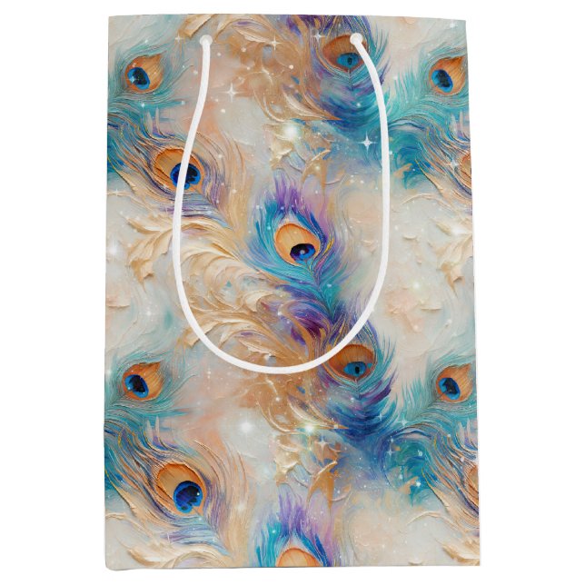 White Aqua Gold Peacock Feathers Medium Gift Bag (Front)