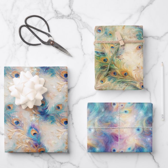 White Aqua Gold Peacock Feathers Wrapping Paper Sheet (Front)