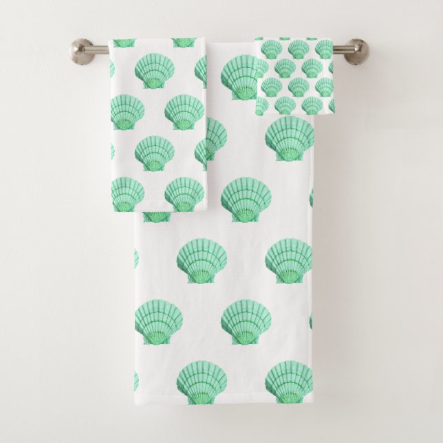 WHITE AQUA GREEN SEASHELL BATHROOM TOWEL SET (Insitu)