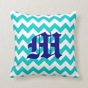 White Aqua Zigzag Pattern with Monogram Cushion