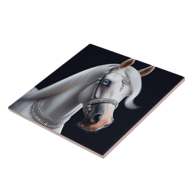 White Arabian Horse Portrait Ceramic Tile (Side)
