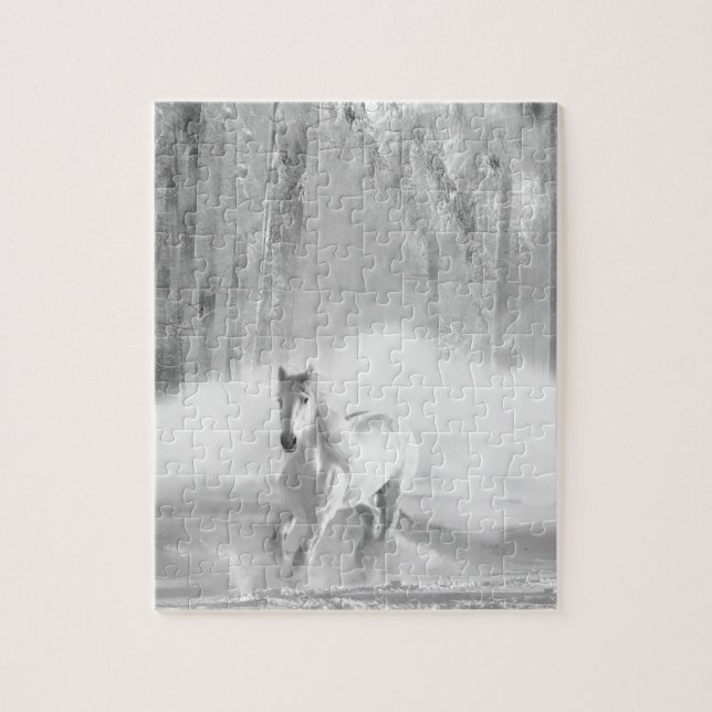 White Arabian Horse Running in  Snow Jigsaw Puzzle (Vertical)