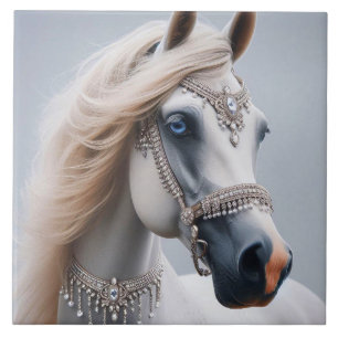 White Arabian Show Horse Ceramic Tile