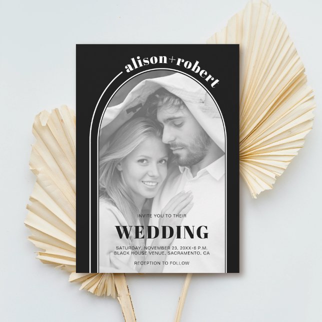 White arch and photo black minimalist wedding invitation (Creator Uploaded)