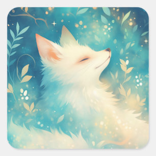 White Arctic Fox in Dreamy Blue Enchanted Garden Square Sticker