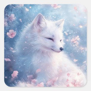 White Arctic Fox in Magical Winter Garden Square Sticker