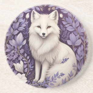 White Arctic Fox Lavender William Morris Flowers Coaster