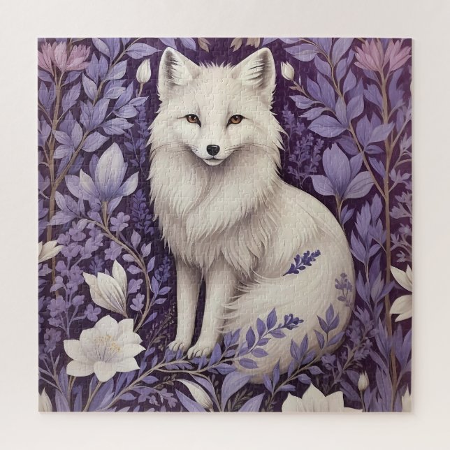 White Arctic Fox Lavender William Morris Flowers Jigsaw Puzzle (Vertical)