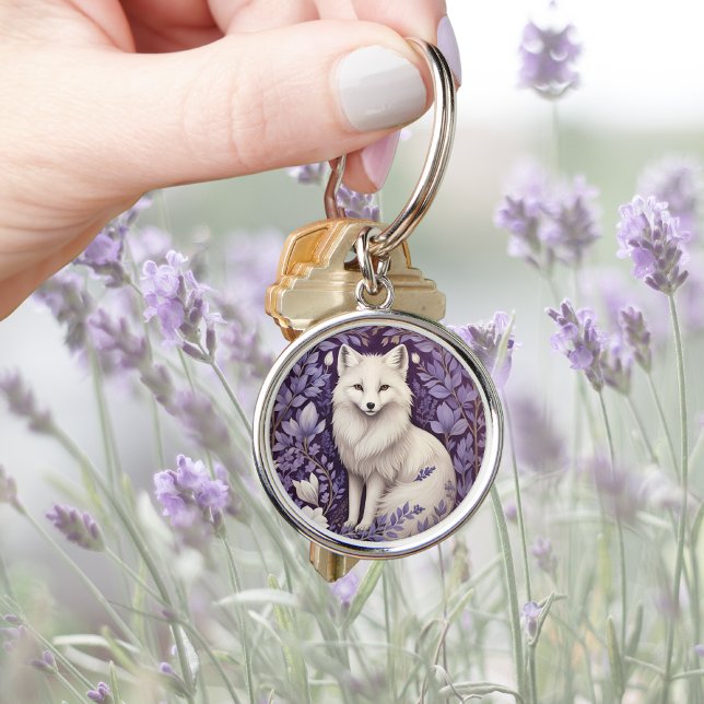 White Arctic Fox Lavender William Morris Flowers Key Ring (Creator Uploaded)