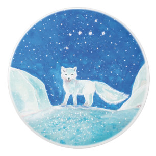 White Arctic Fox (Vulpes lagopus) Illustration Ceramic Knob