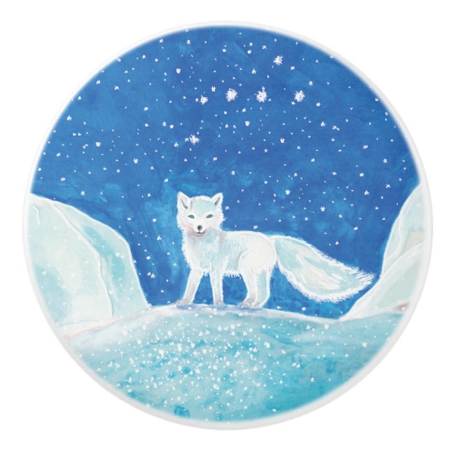 White Arctic Fox (Vulpes lagopus) Illustration  Ceramic Knob (Front)