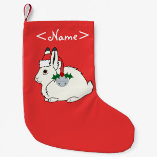White Arctic Hare with Santa Hat & Silver Bell Small Christmas Stocking