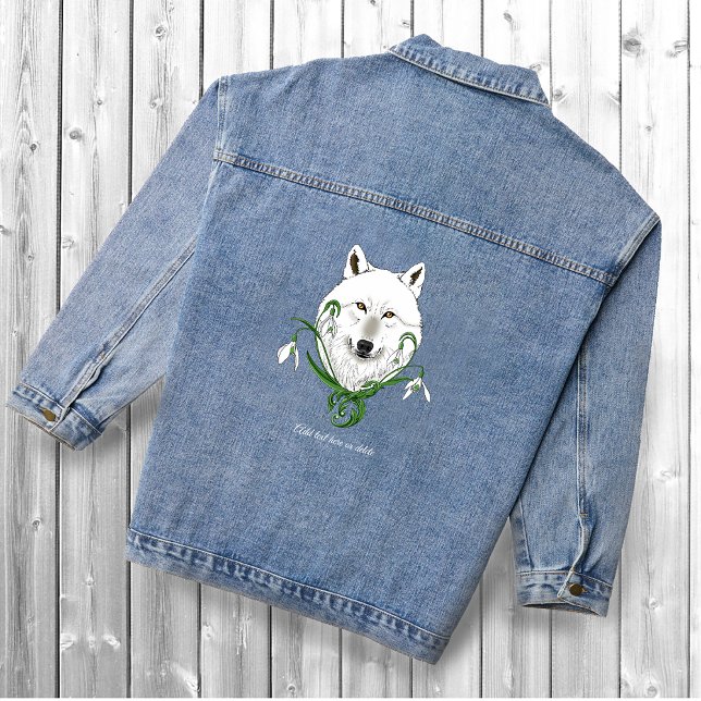 White Arctic Wolf Snowdrop Flowers Denim Jacket (Creator Uploaded)