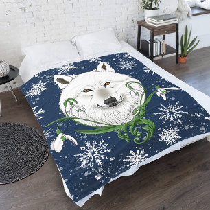 White Arctic Wolf Snowdrop Flowers Fleece Blanket