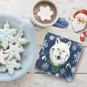 White Arctic Wolf Snowdrop Flowers Glass Coaster