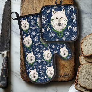 White Arctic Wolf Snowdrop Flowers Oven Mitt & Pot Holder Set