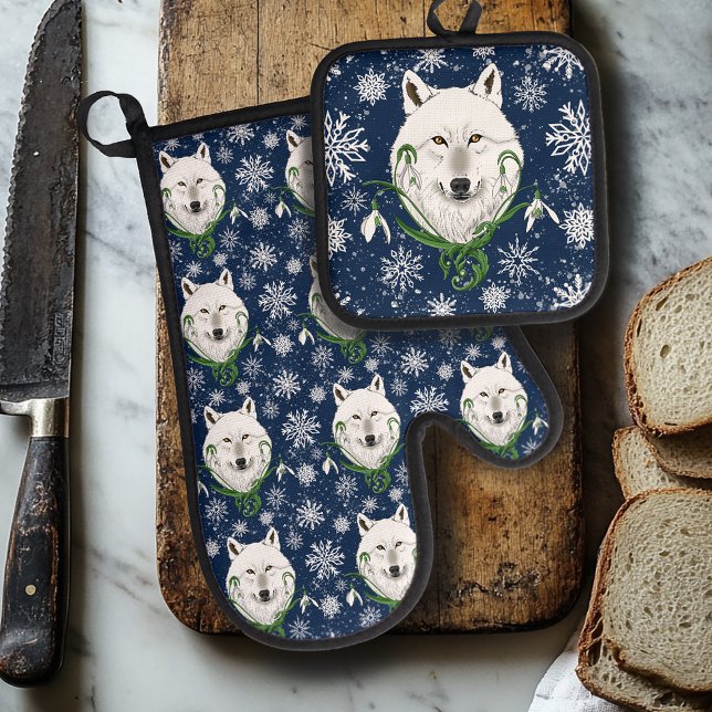 White Arctic Wolf Snowdrop Flowers Oven Mitt & Pot Holder Set (Creator Uploaded)